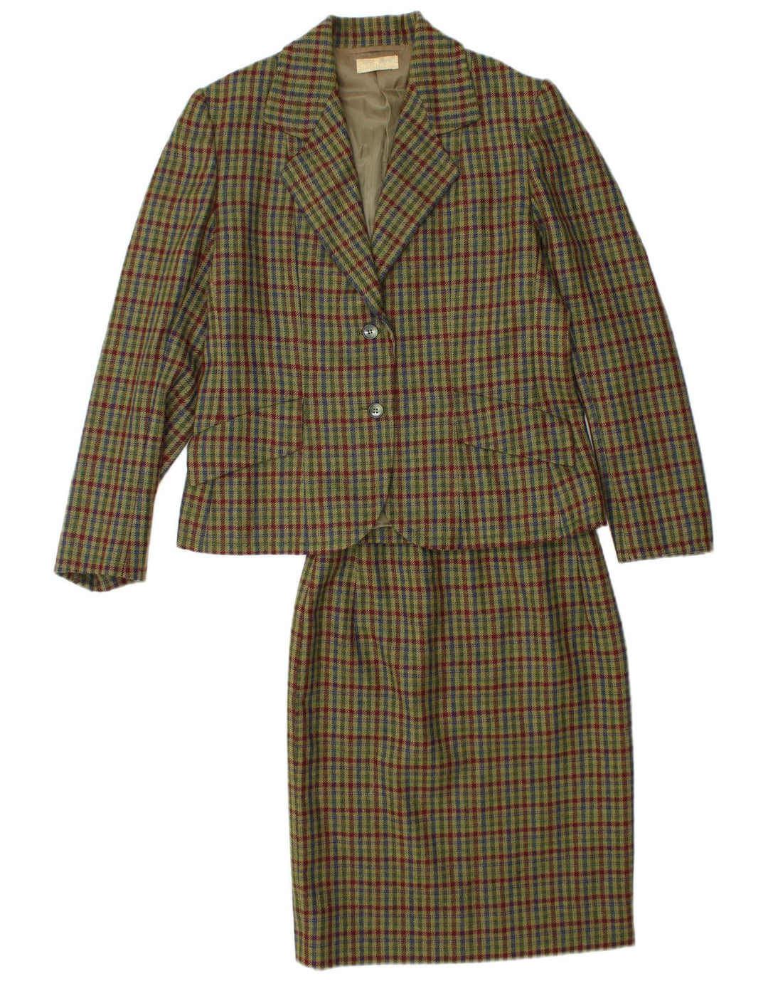 Set gonna vintage da donna a 2 bottoni in 2 pezzi UK 12 medio W26 a quadri kaki