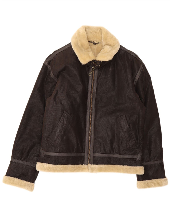 Giubbotto bomber in shearling da uomo vintage UK 38 in pelle marrone medio