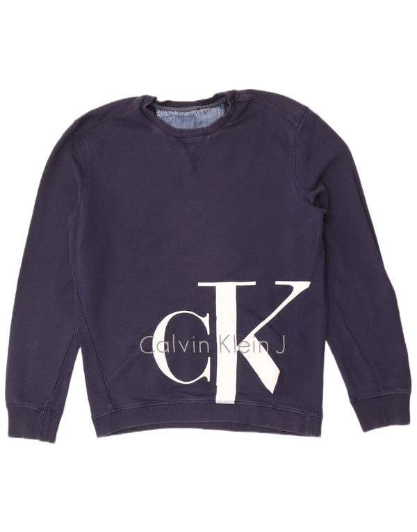 Felpa grafica da donna Calvin Klein maglione UK 16 grande cotone blu navy