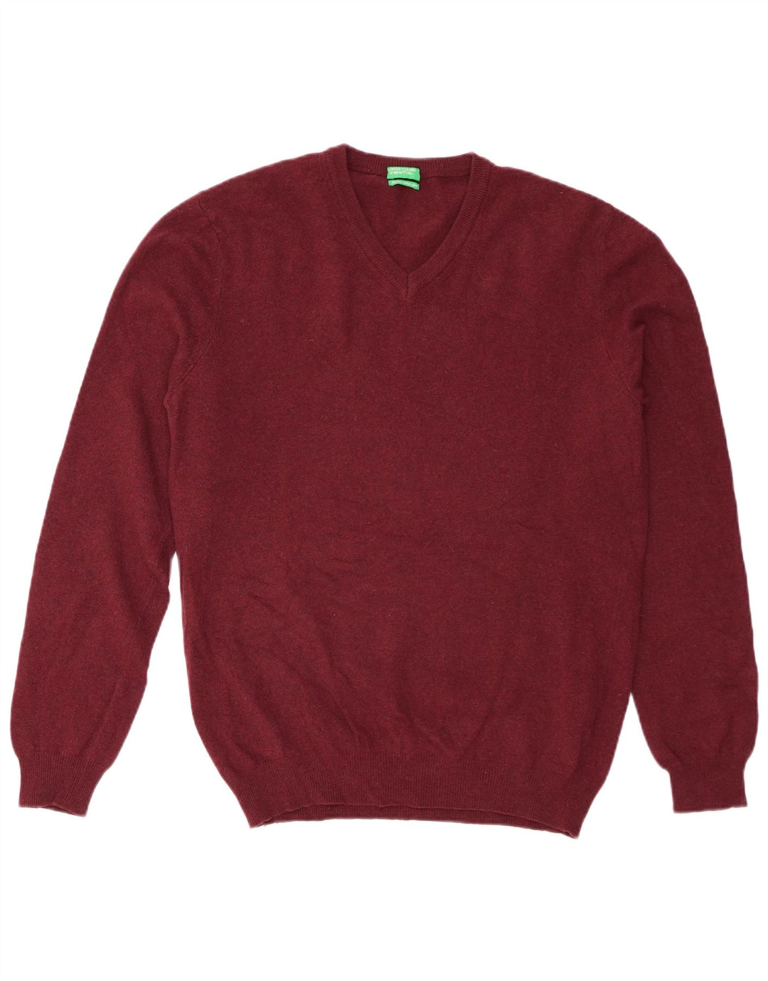 Maglione da uomo con scollo a V Benetton in lana vergine bordeaux medio