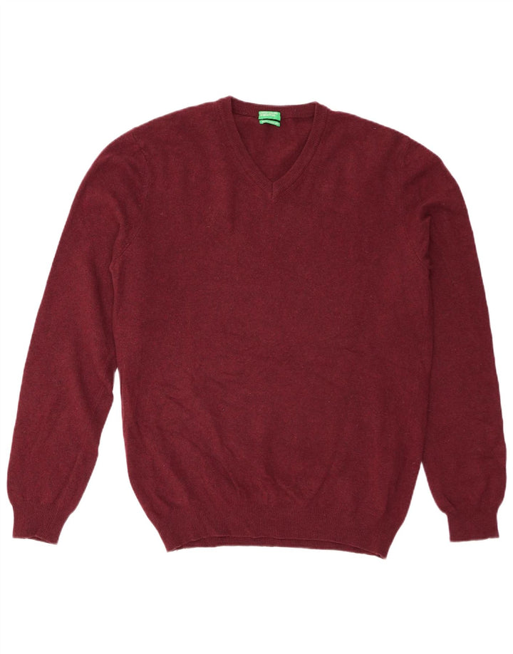 Maglione da uomo con scollo a V Benetton in lana vergine bordeaux medio