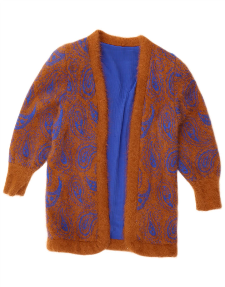 Maglione cardigan aperto lungo da donna vintage UK 14 Paisley marrone medio