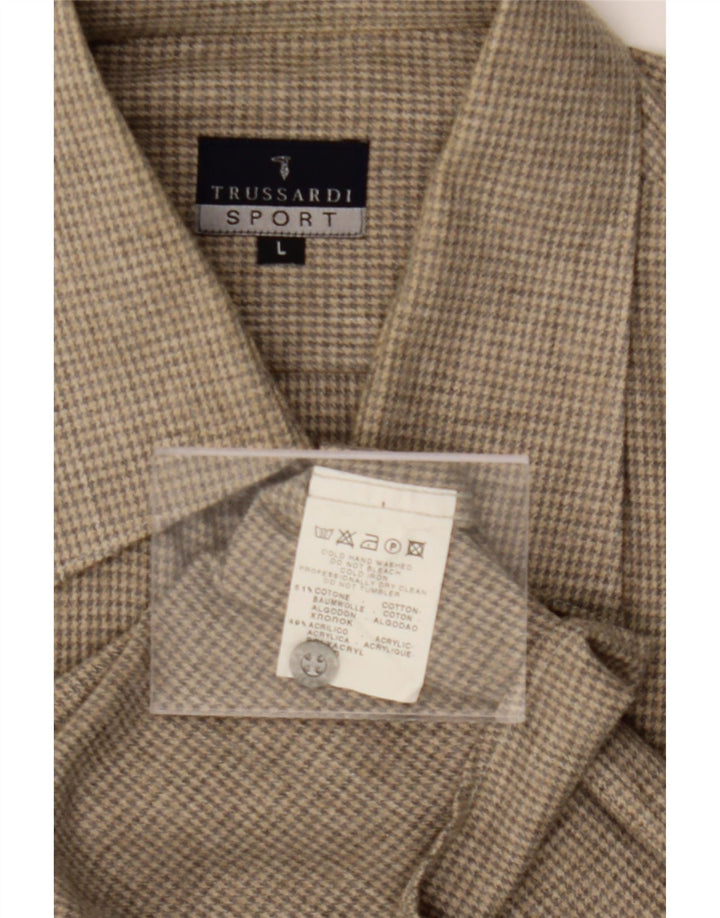 TRUSSARDI Mens Shirt Large Brown Houndstooth Cotton Vintage Trussardi and Second-Hand Trussardi from Messina Hembry 