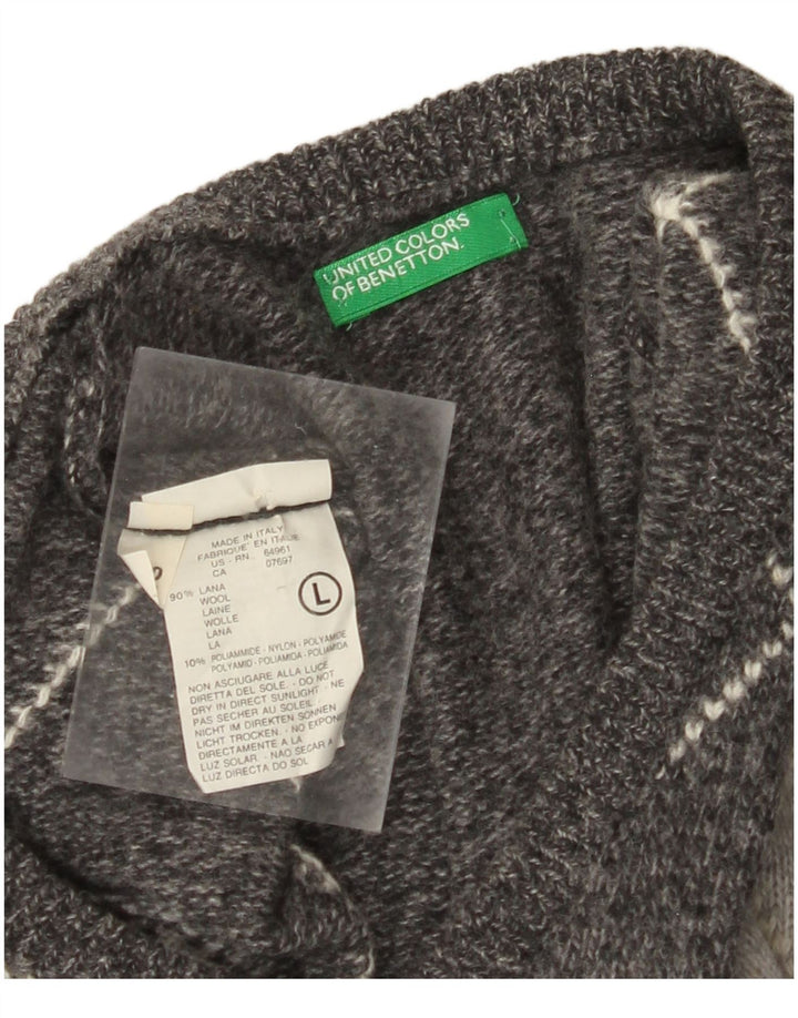 BENETTON Maglione da uomo con scollo a V grande grigio a rombi/lana diamante