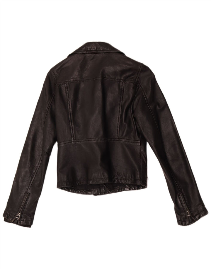 Giacca da motociclista in pelle corta da donna vintage UK 10 piccola pelle nera