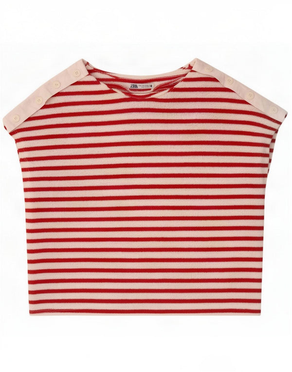 Zara T-shirt corta da donna UK 14 poliestere a righe rosse medie