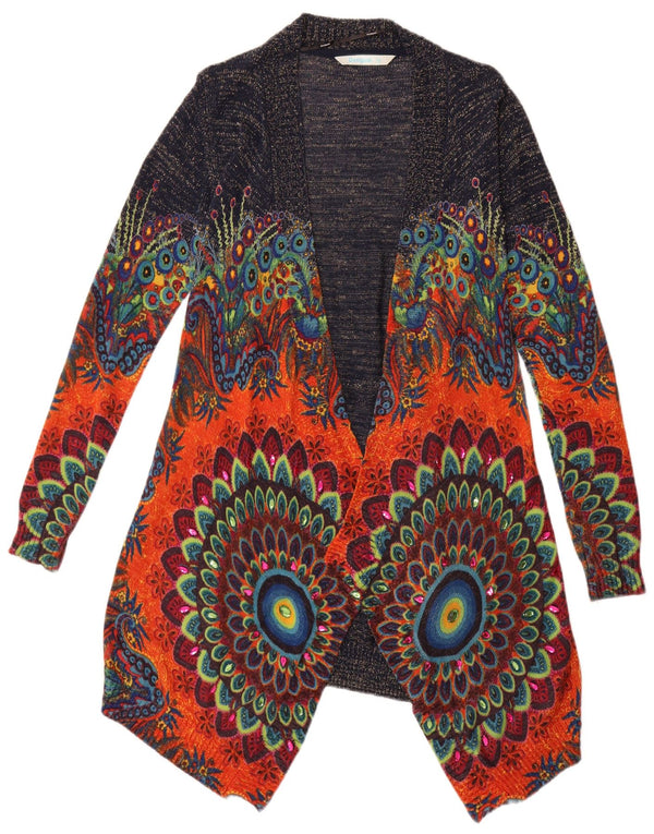 Desigual Donna Maglione Cardigan Aperto Asimmetrico UK 6 XS Blu Navy Floreale