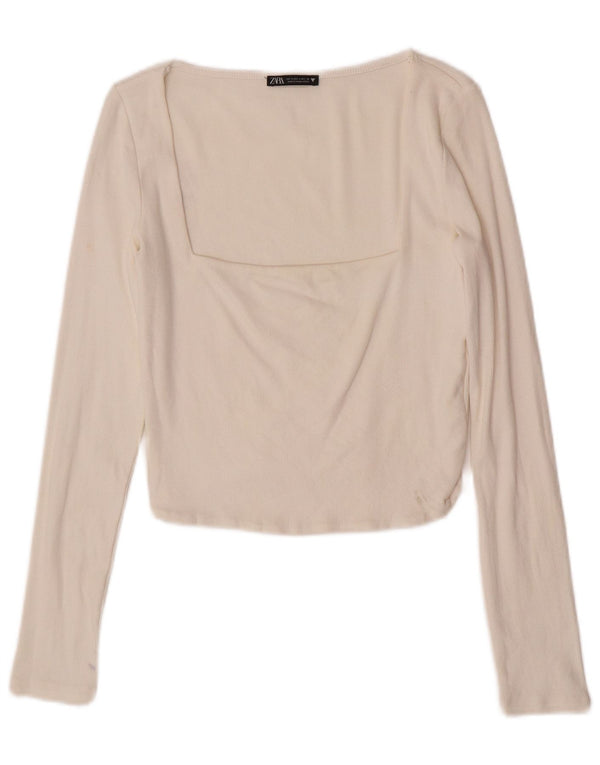 Top corto da donna Zara a maniche lunghe UK 14 grande cotone bianco sporco