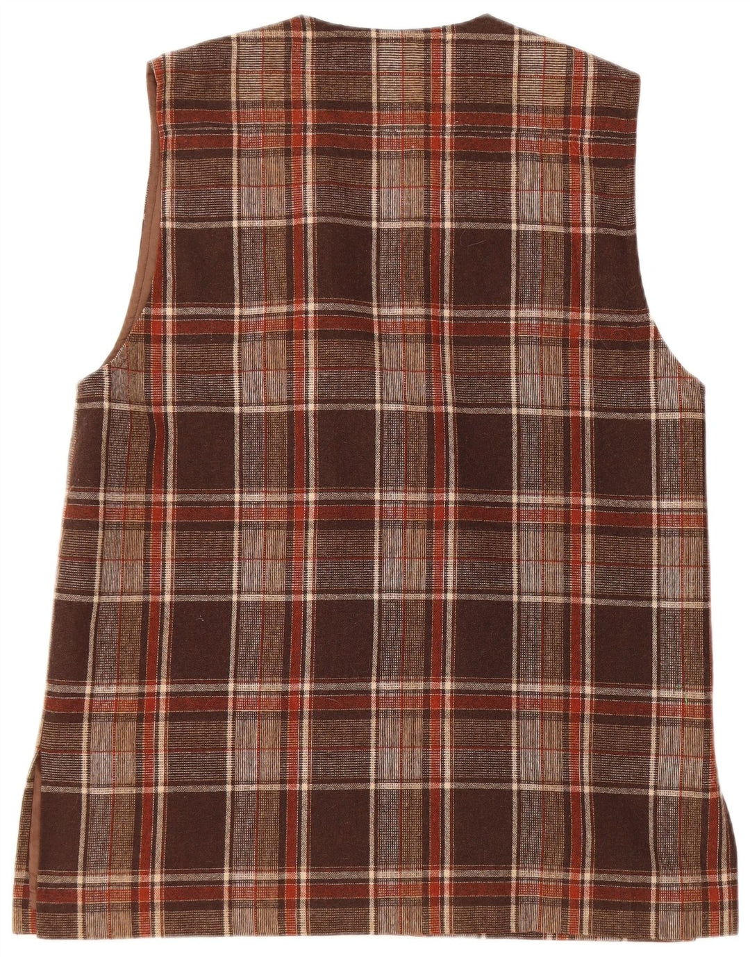 Giacca blazer senza maniche da donna a 4 bottoni VINTAGE UK 16 grande quadretto marrone