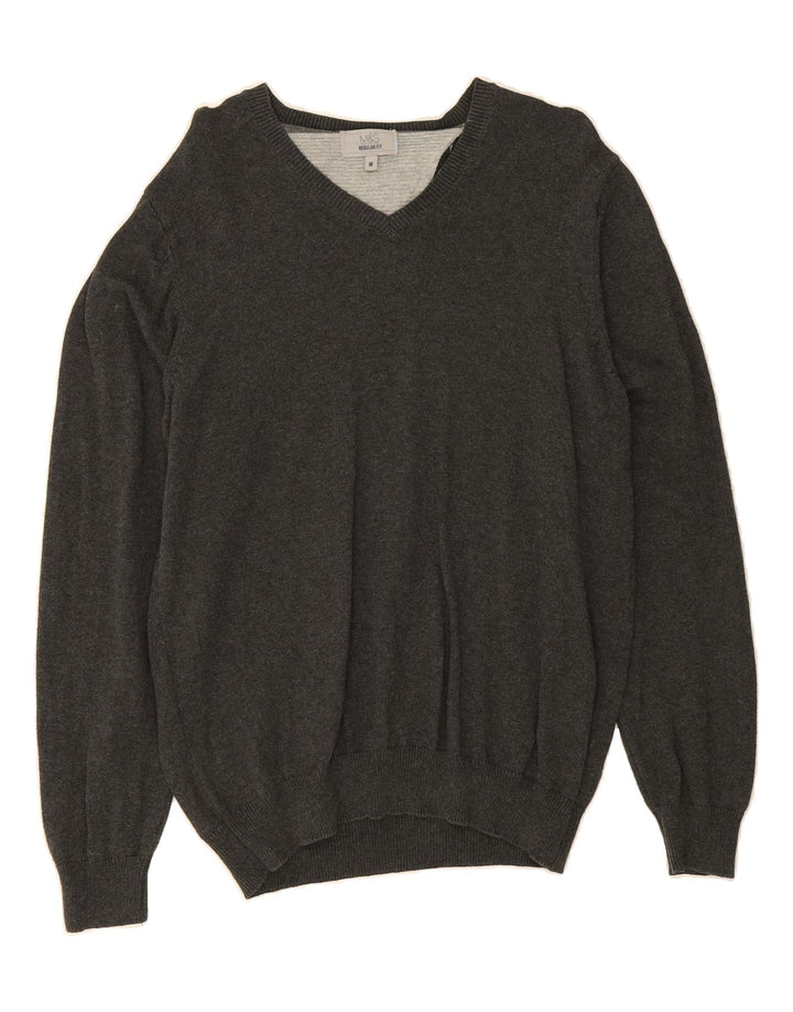 MARKS & SPENCER Mens Regular Fit V-Neck Jumper Sweater Medium Grey Cotton Vintage Marks & Spencer and Second-Hand Marks & Spencer from Messina Hembry 