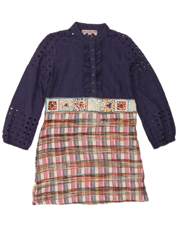 Abito a trapezio sul davanti con volant da donna vintage UK 14 Grande patchwork blu navy