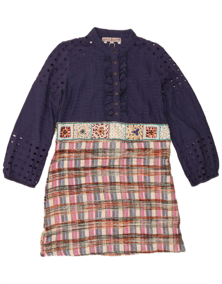 Abito a trapezio sul davanti con volant da donna vintage UK 14 Grande patchwork blu navy