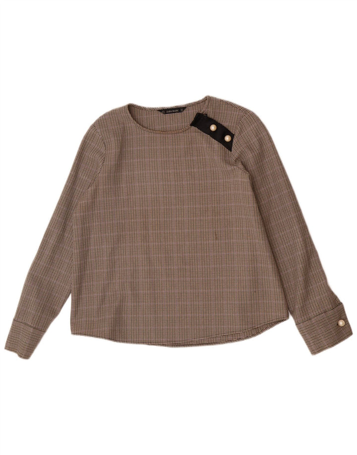 Camicetta a maniche lunghe da donna Zara UK 14 Poliestere pied de poule marrone medio