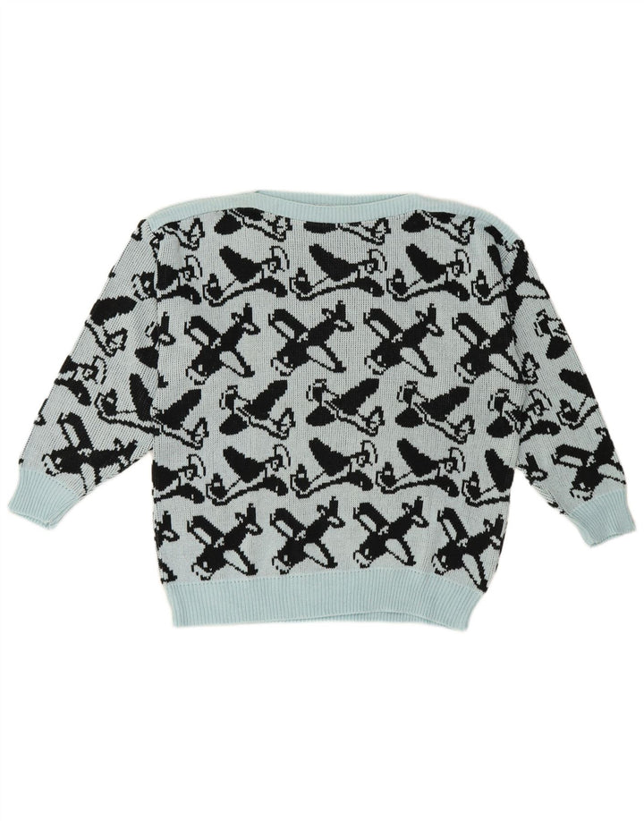 Maglione da donna vintage con motivo astratto con scollo a barca, EU 40, blu medio