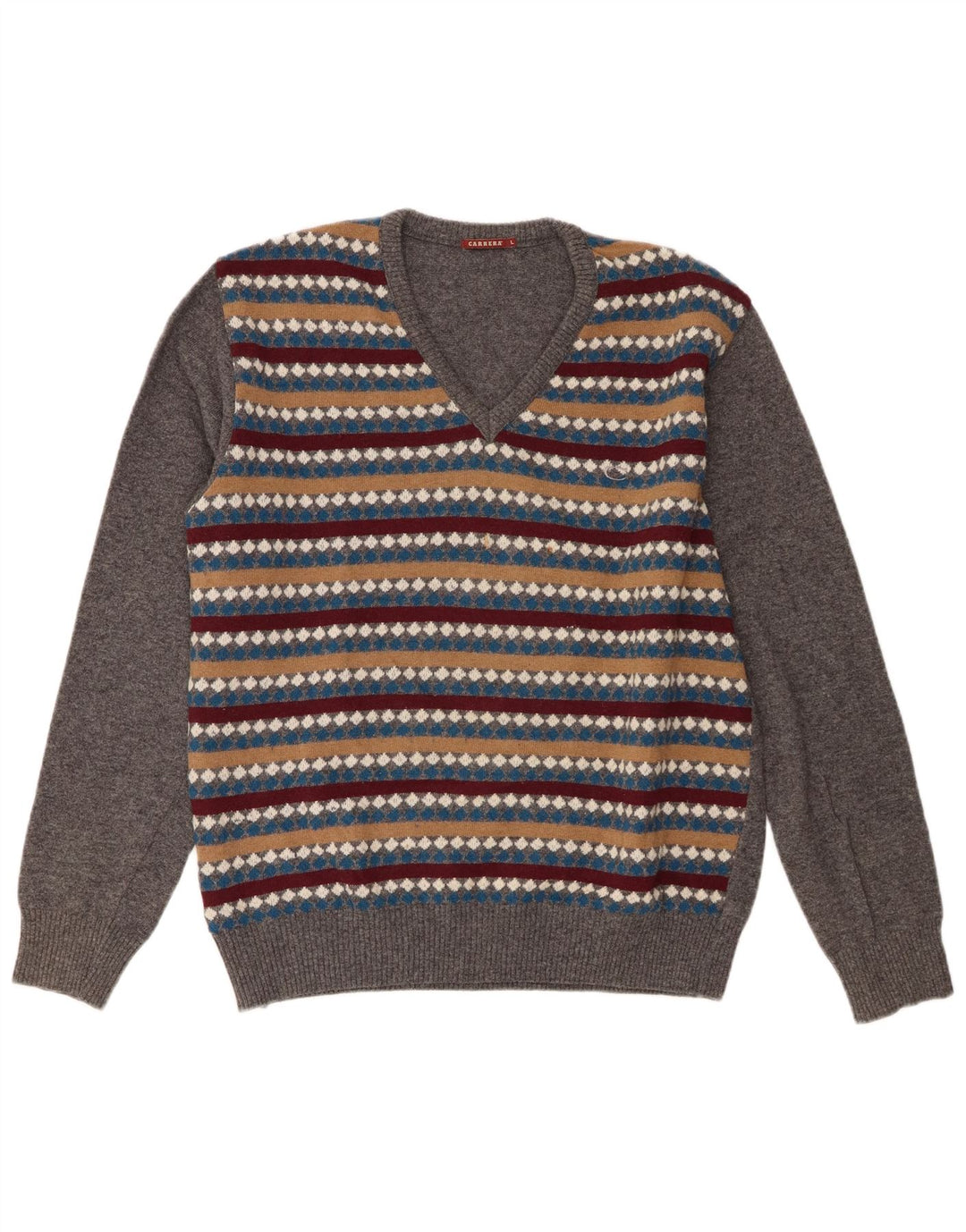 Maglione da uomo con scollo a V Carrera, lana a righe grigie grandi