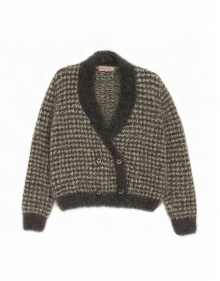 Maglione cardigan da donna vintage UK 12 Mohair pied de poule grigio medio