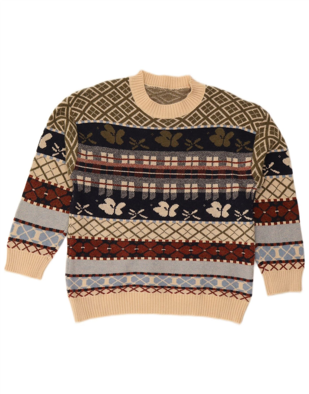 Maglione maglione girocollo da donna vintage UK 10 Piccolo motivo geometrico multicolore