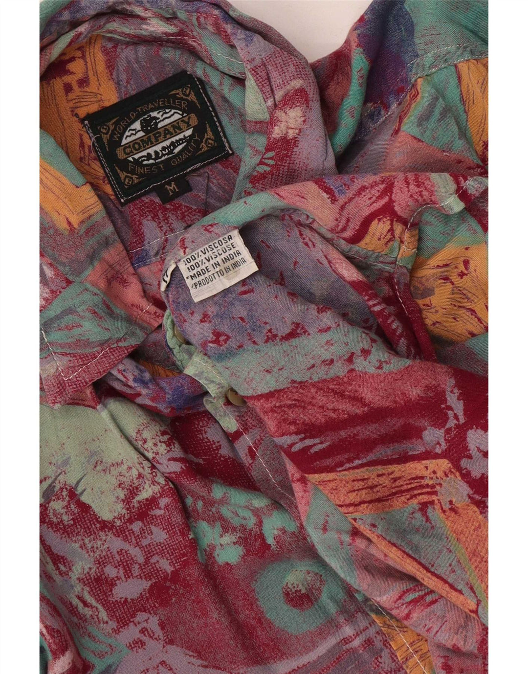 Camicia vintage da uomo a maniche corte in viscosa geometrica multicolore media