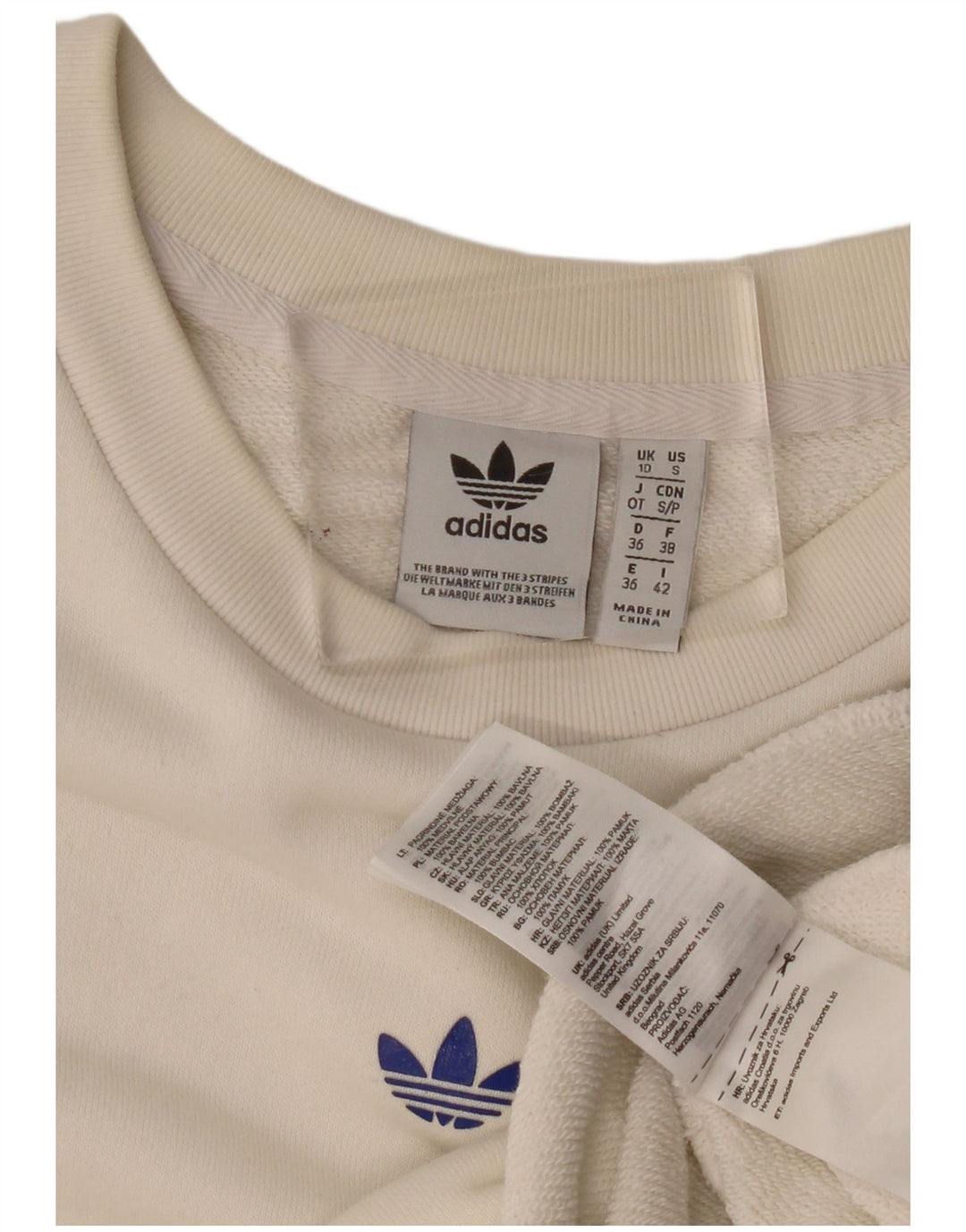 Felpa oversize con grafica Adidas da donna, maglione UK 10, piccola, bianco sporco