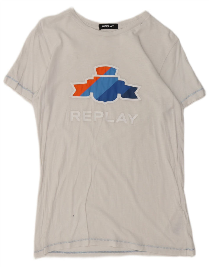 REPLAY T-shirt grafica da donna Top UK 12 cotone bianco medio