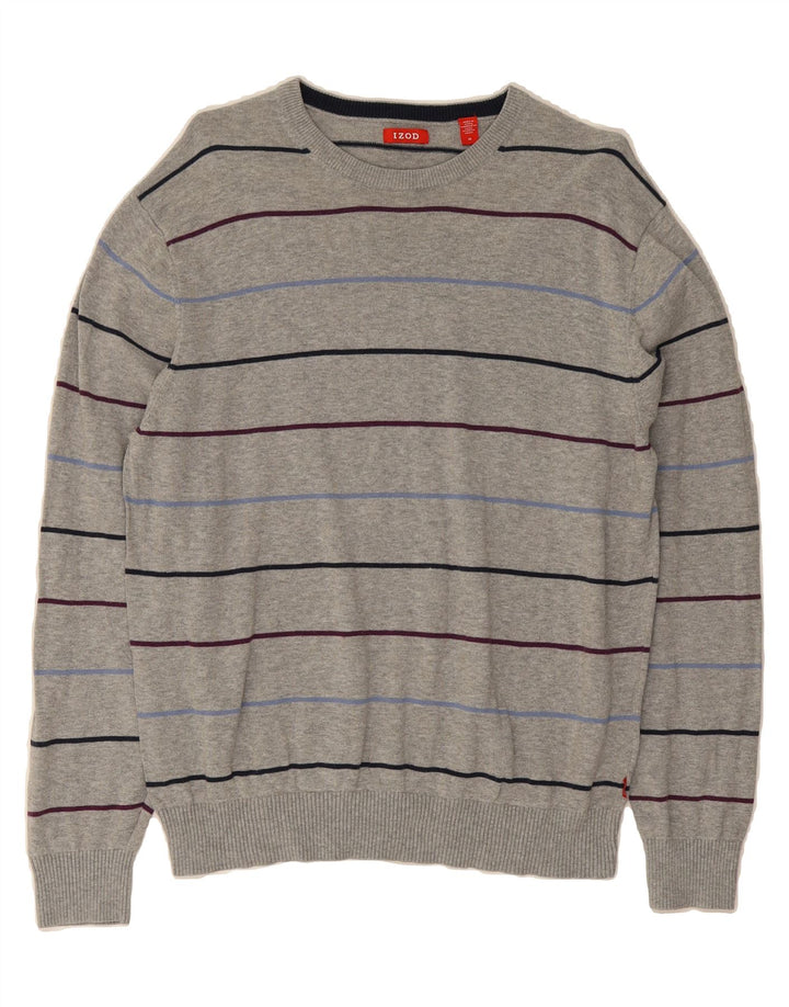IZOD Mens Crew Neck Jumper Sweater Medium Grey Striped Cotton Vintage Izod and Second-Hand Izod from Messina Hembry 
