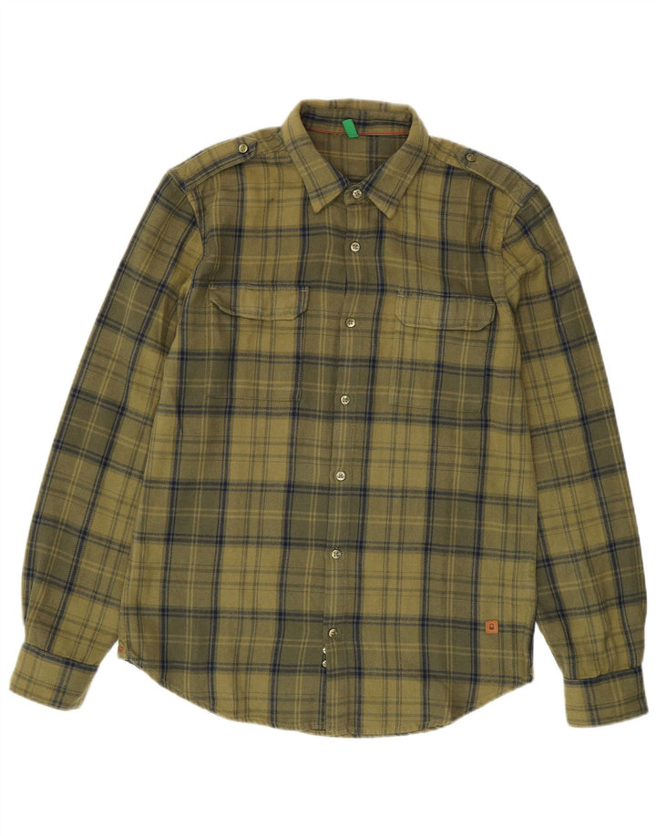 Camicia da uomo in flanella Benetton a quadri kaki medio in cotone