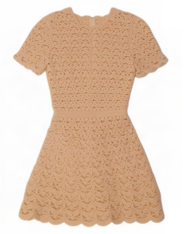 Abito maglione vintage da donna a maniche corte all'uncinetto UK 10 piccolo beige