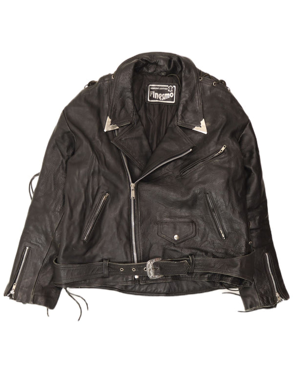 Giacca da motociclista in pelle da uomo vintage grande in pelle nera