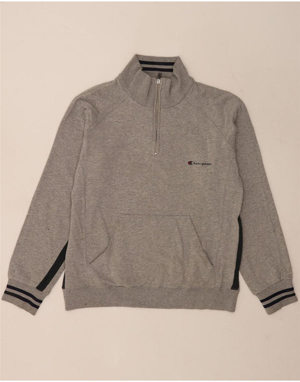Champion Mens Zip Neck Sweatshirt Jumper Large Grey Colourblock Cotton