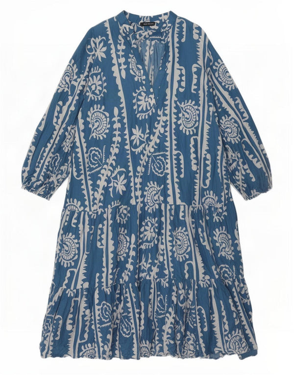 Zara Womens Long Sleeve Oversized Tiered Dress UK 18 XL Blue Floral Cotton