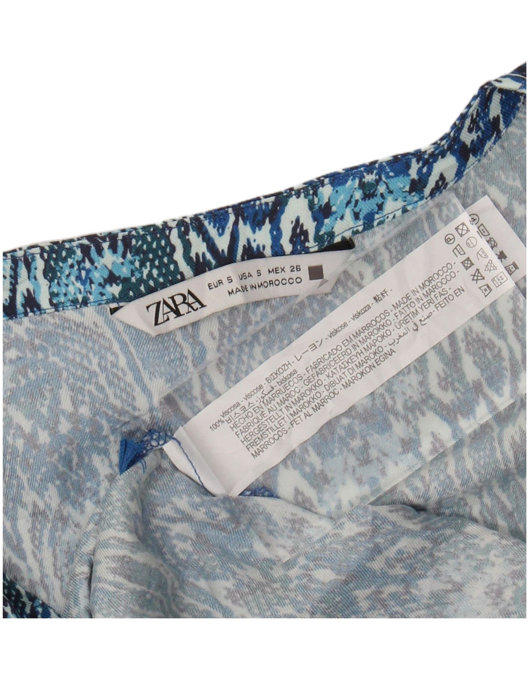Abito a trapezio a maniche lunghe da donna ZARA UK 10 piccolo in viscosa Ikat blu