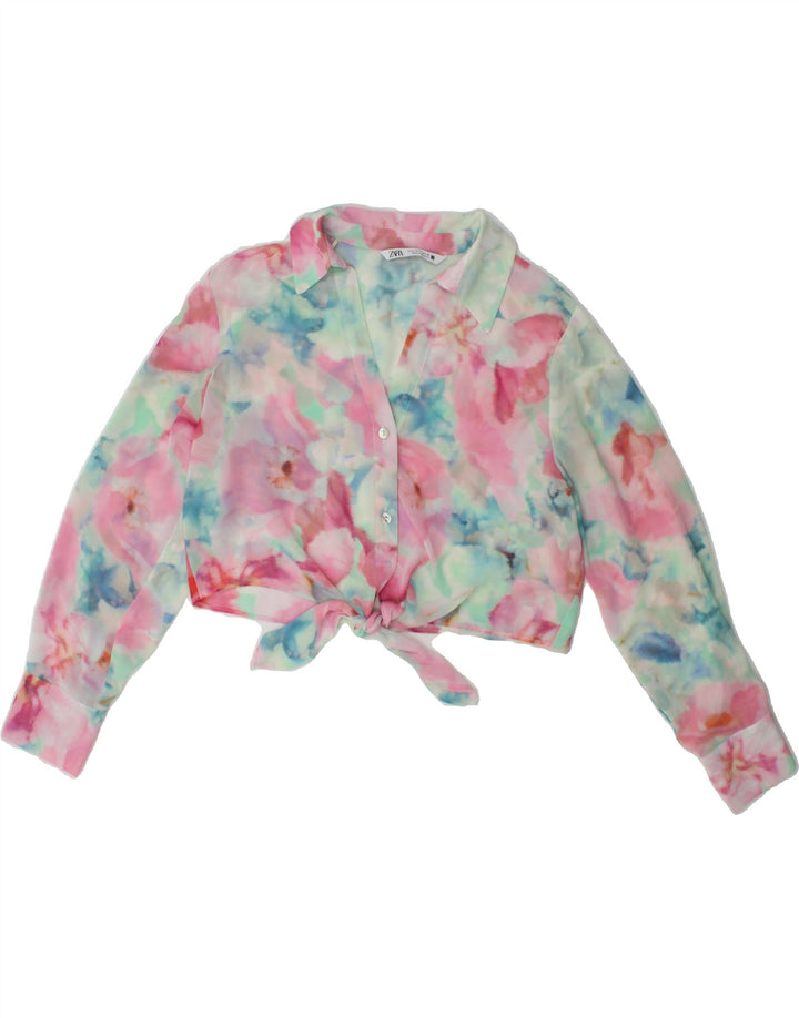 ZARA Womens Front Tie Crop Shirt Blouse UK 12 Medium Multicoloured Floral Vintage Zara and Second-Hand Zara from Messina Hembry 