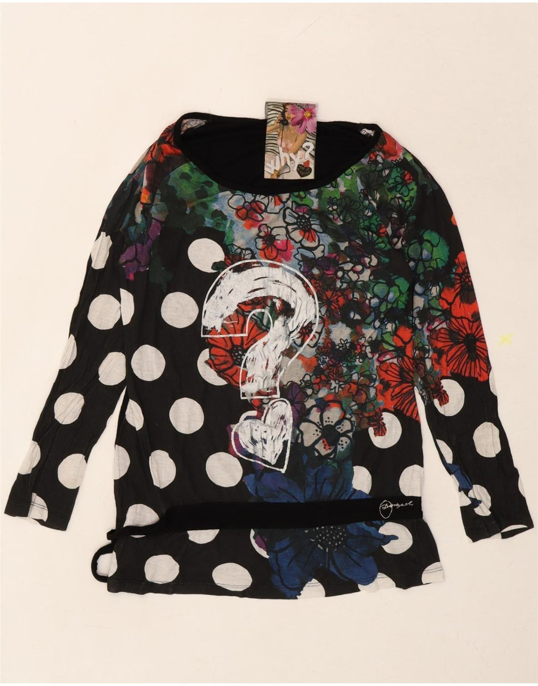 DESIGUAL Womens Abstract Pattern Graphic Top Long Sleeve UK 10 Small Black Vintage Desigual and Second-Hand Desigual from Messina Hembry 