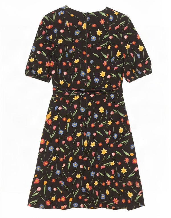 Abito a trapezio da donna vintage UK 16 grande floreale nero