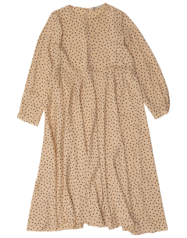 Vestito lungo a maniche lunghe da donna Zara UK 14 Poliestere a pois beige medio