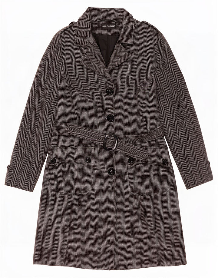 Cappotto autografo da donna Marks & Spencer UK 8 piccolo in lana a spina di pesce grigia