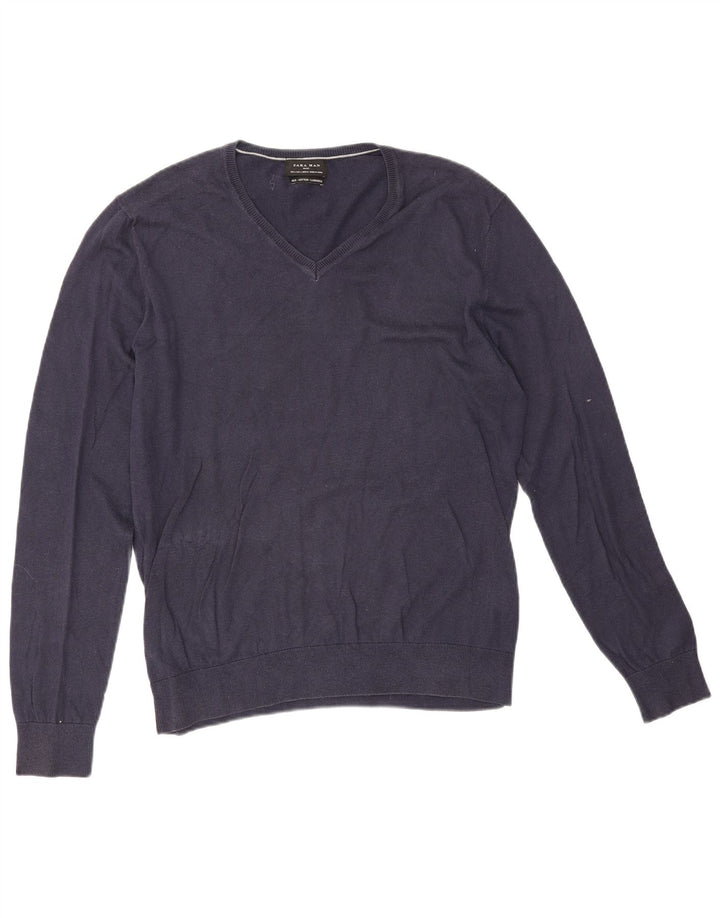 Maglione Zara da uomo con scollo a V grande in cotone blu navy
