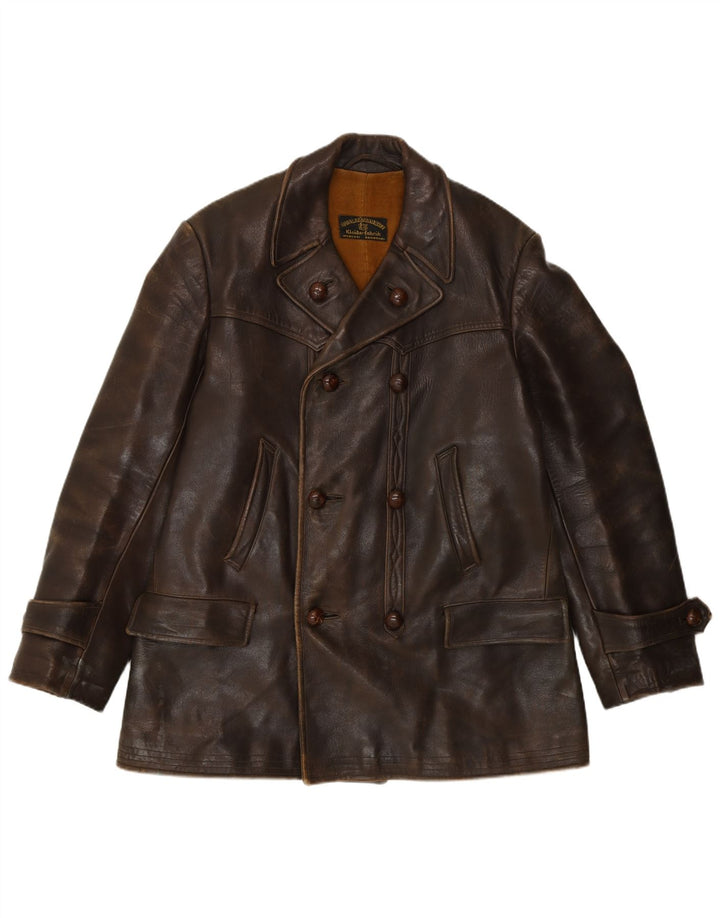 Giacca in pelle doppiopetto vintage da uomo UK 36 piccola marrone