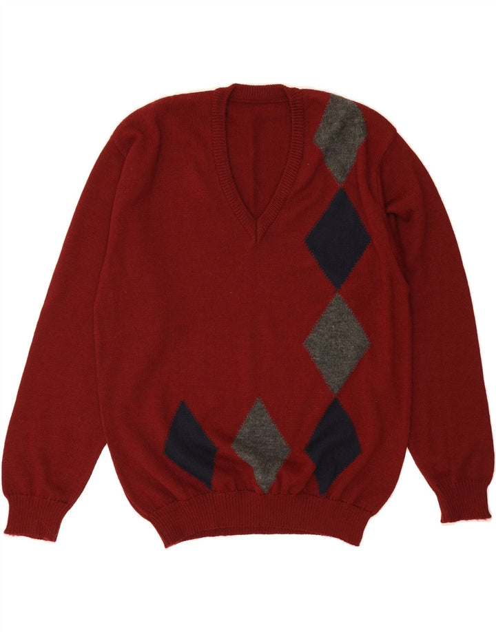 VINTAGE Mens V-Neck Jumper Sweater Medium Burgundy Argyle/Diamond Vintage Vintage and Second-Hand Vintage from Messina Hembry 