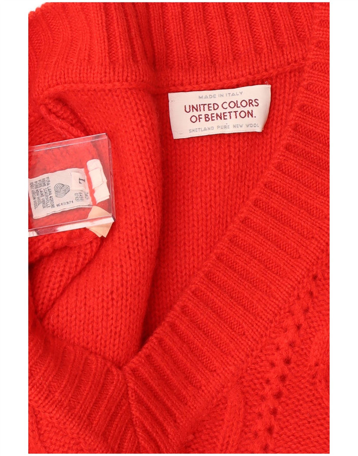 BENETTON Maglione da uomo con scollo a V grande rosso in lana vergine