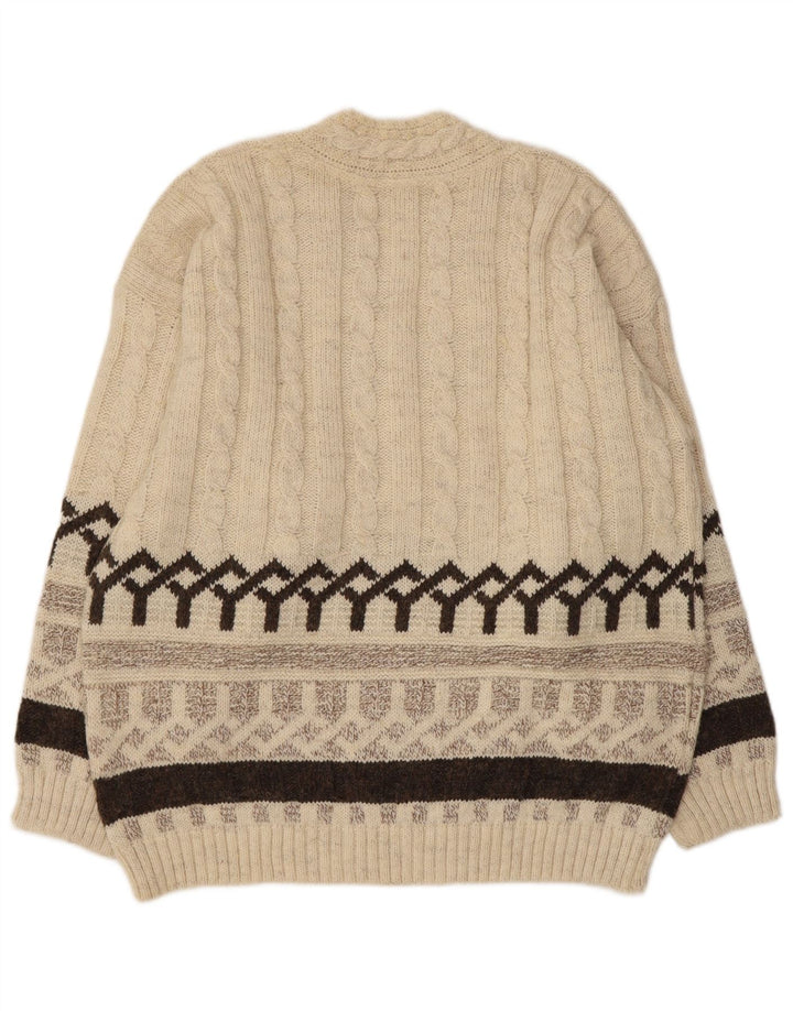 Maglione vintage da uomo con scollo a V, acrilico Fair Isle, beige medio
