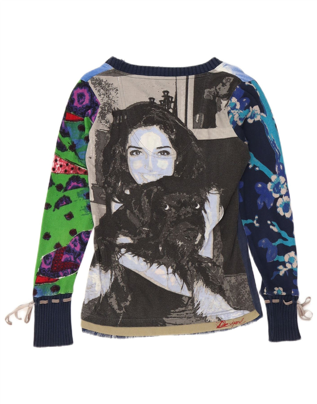 DESIGUAL Top grafico da donna manica lunga UK 14 medio blu navy floreale