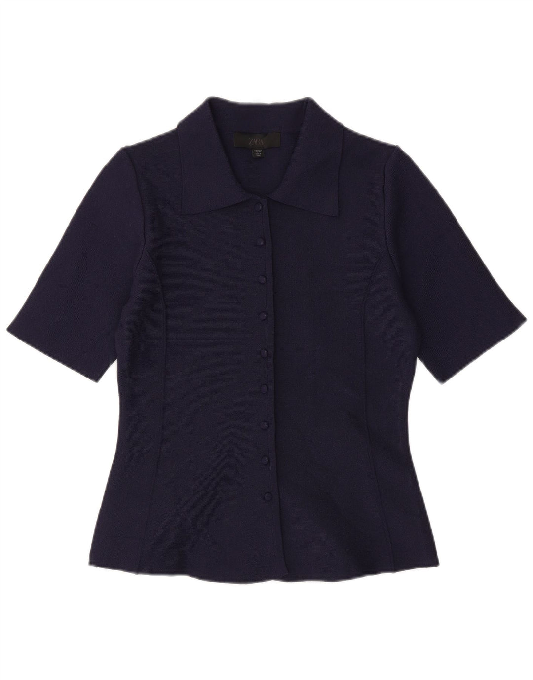 ZARA Camicia a Maniche Corte da Donna Camicetta UK 12 Medio Blu Navy Poliestere