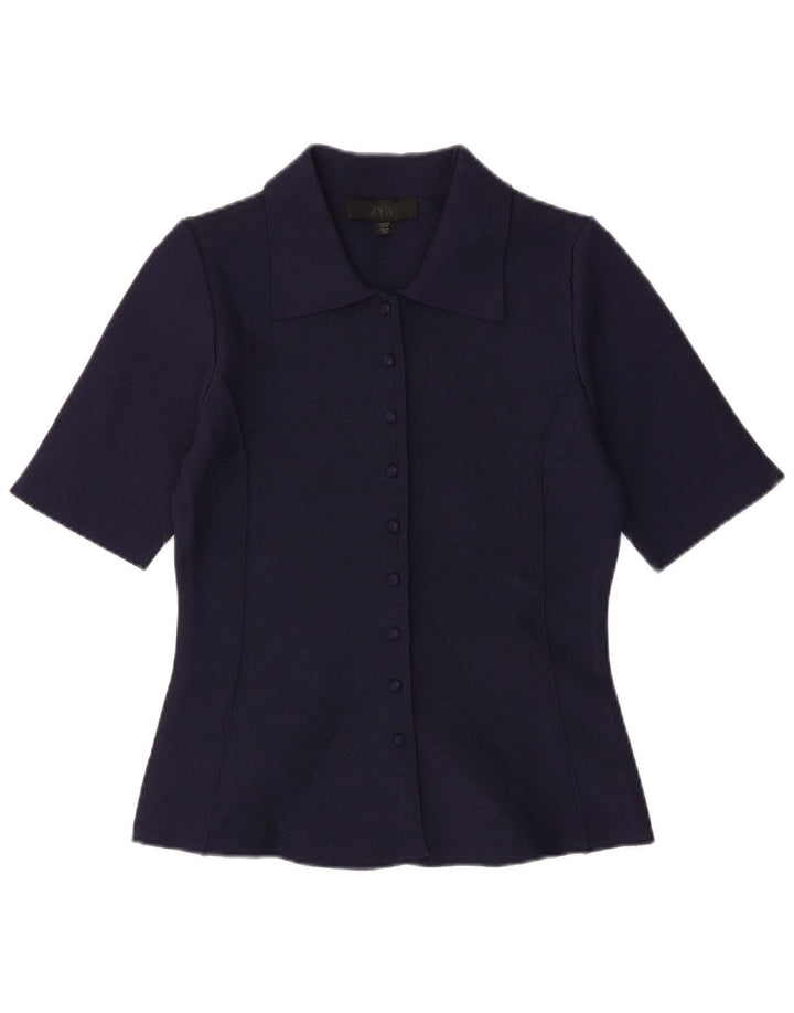 ZARA Camicia a Maniche Corte da Donna Camicetta UK 12 Medio Blu Navy Poliestere