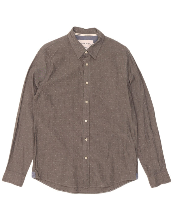 Calvin Klein Mens Slim Fit Shirt Large Grey Spotted Cotton
