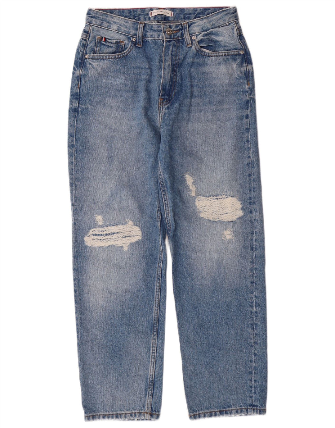 Jeans da donna a vita alta invecchiati Tommy Hilfiger W27 L28 blu classico
