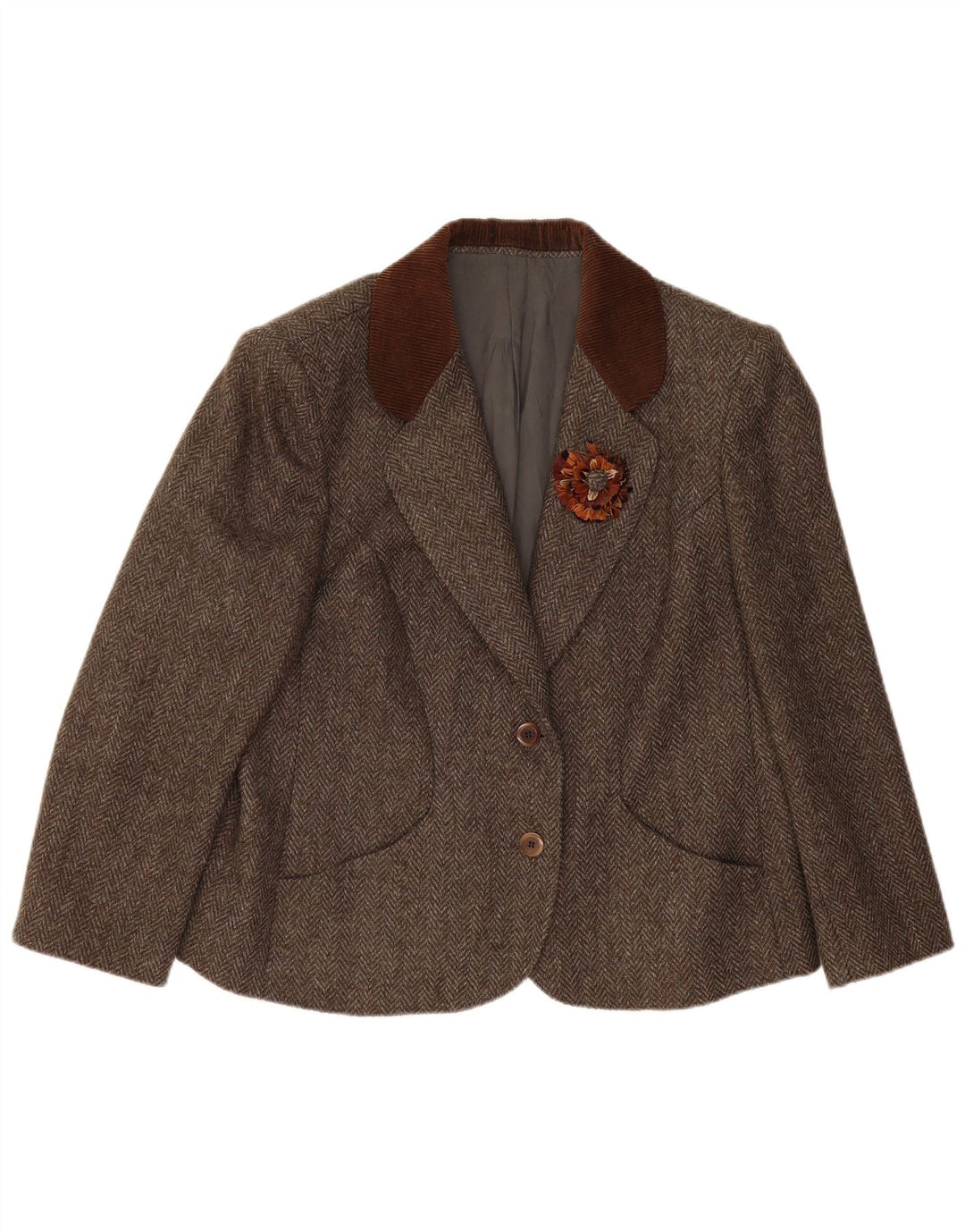 Giacca blazer vintage da donna a 2 bottoni UK 14 grande spina di pesce marrone