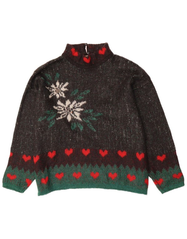 Maglione da donna vintage con collo alto e grafica UK 16 grande floreale marrone