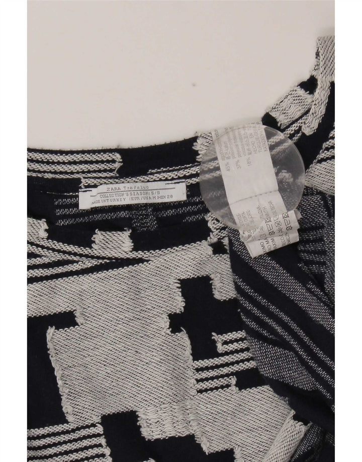 Top Zara da donna manica 3/4 UK 14 cotone geometrico blu navy medio