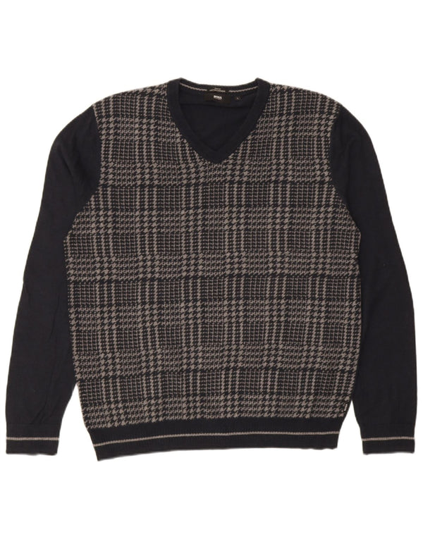 Hugo Boss Mens Slim Fit V-Neck Jumper Sweater Large Navy Blue Houndstooth